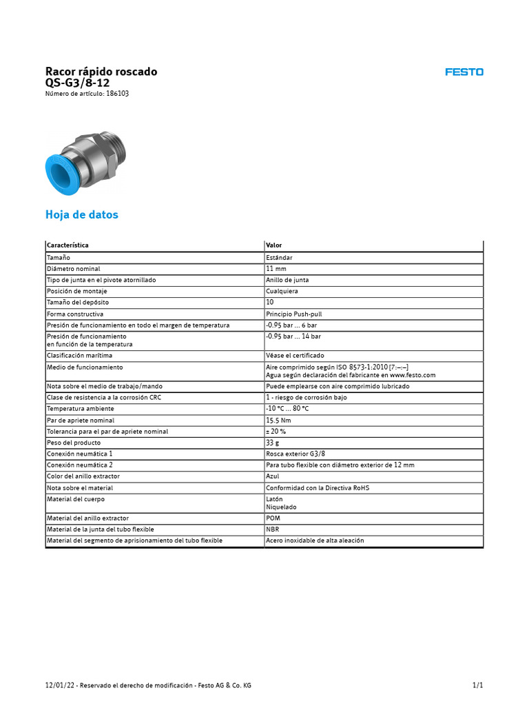 Racor Roscado QS-G3/8-12 para Aire | PDF | Acero inoxidable | Rieles