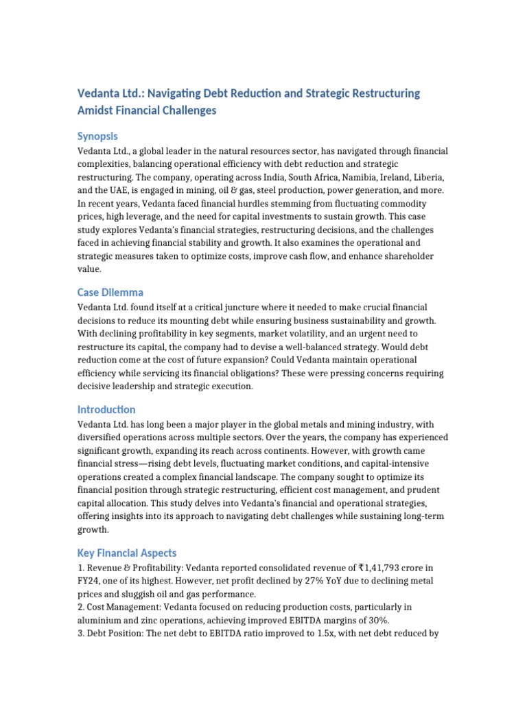 Vedanta Case Study 10 Pages Final | PDF | Leverage (Finance) | Investing