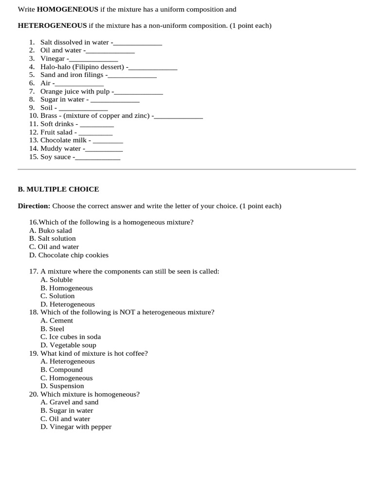 Identifying Mixtures: Homogeneous vs. Heterogeneous | PDF