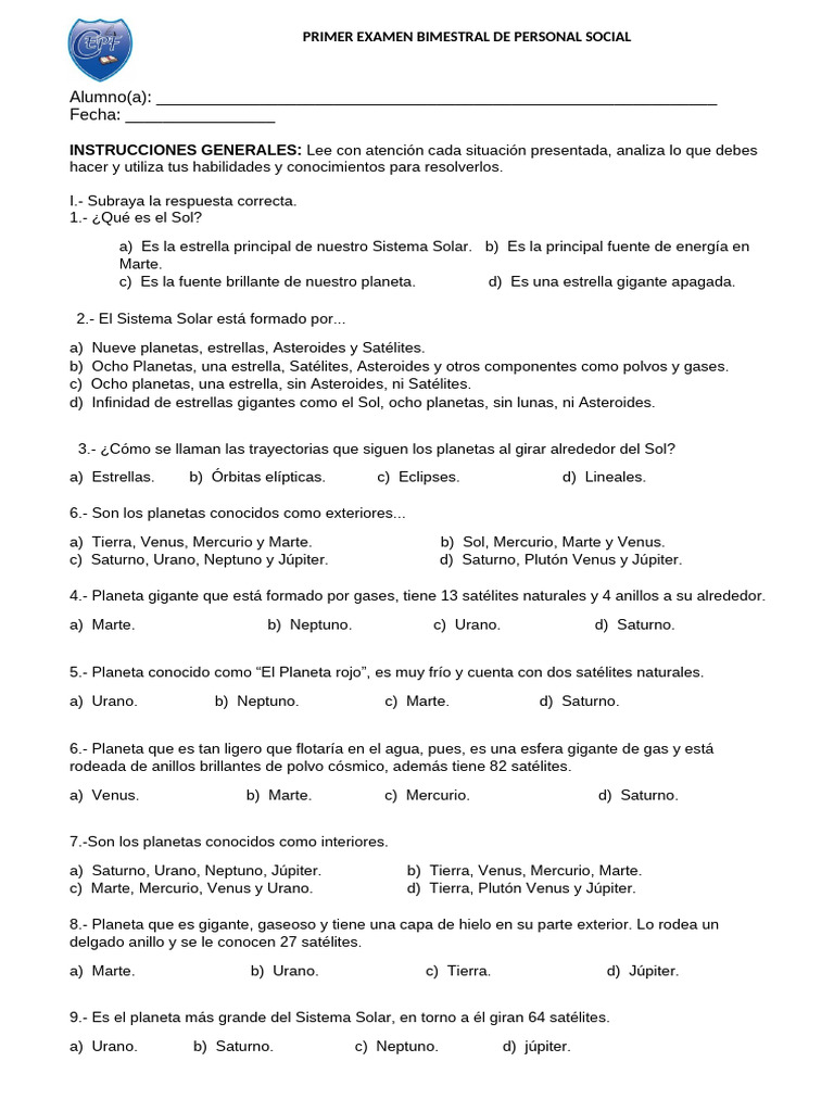 II BIMESTRE Examen Personal Social 5 Grado | PDF | Planetas | Satélite ...