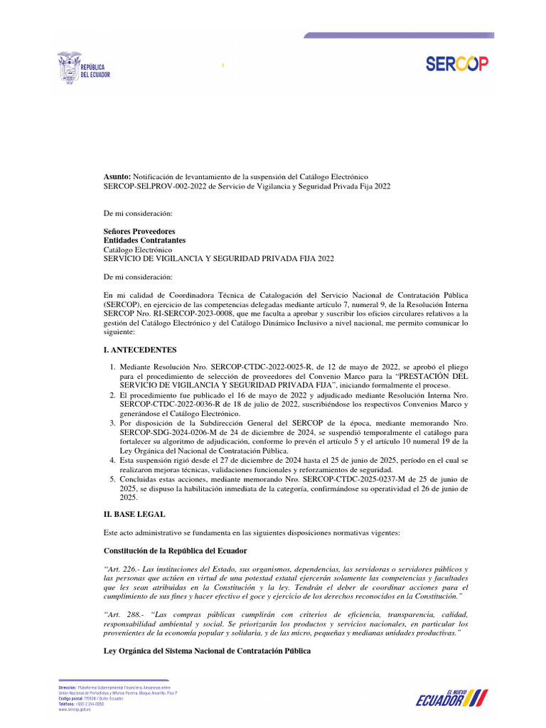 Levantamiento de suspensión del catálogo SERCOP | PDF