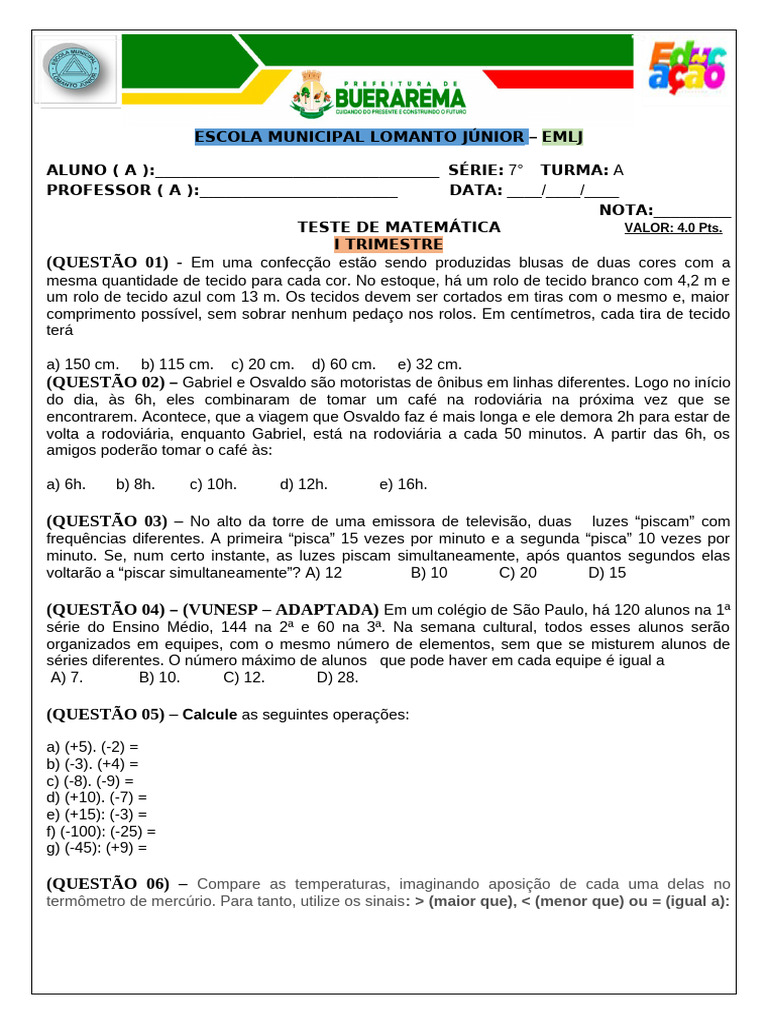 Prova Do 7° Ano A de Matemática Com Gabarito | PDF