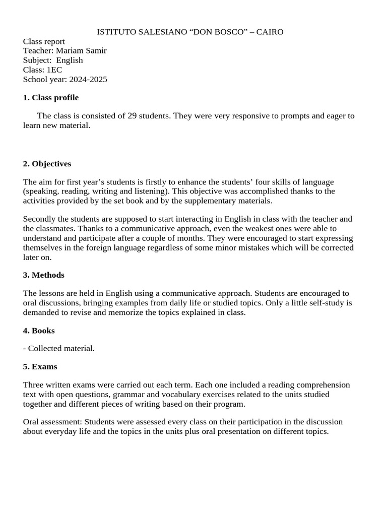 English Class Report for 1EC Students | PDF