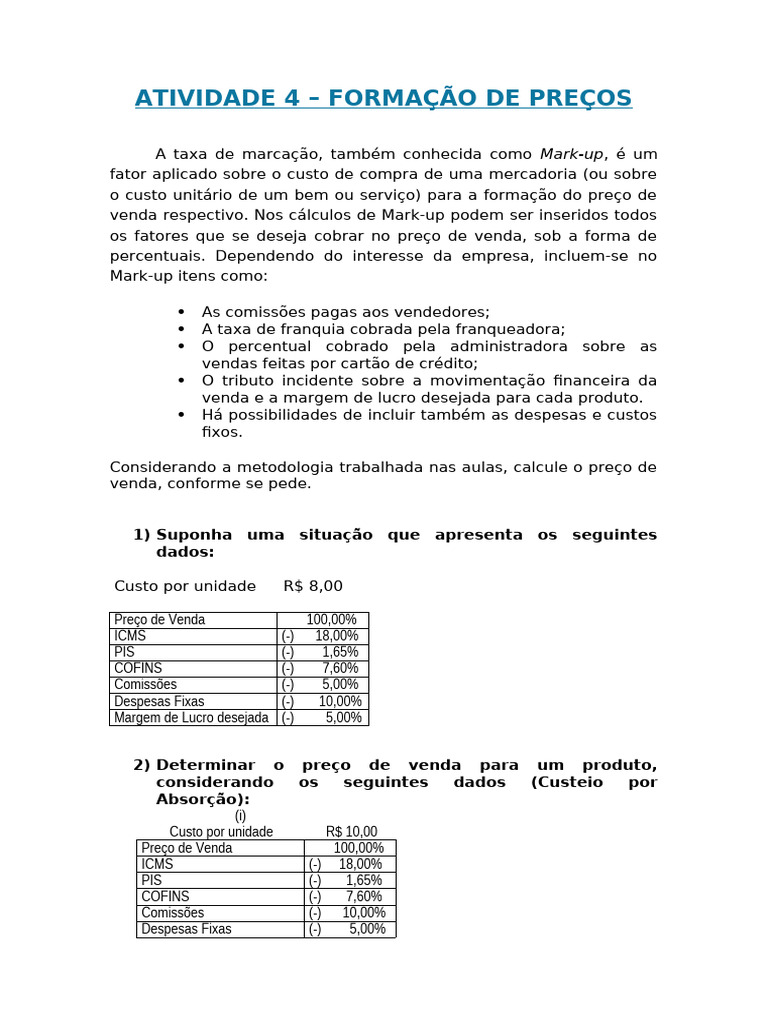 Formação de Preços e Cálculo de Mark-up | PDF | Custo | Preços