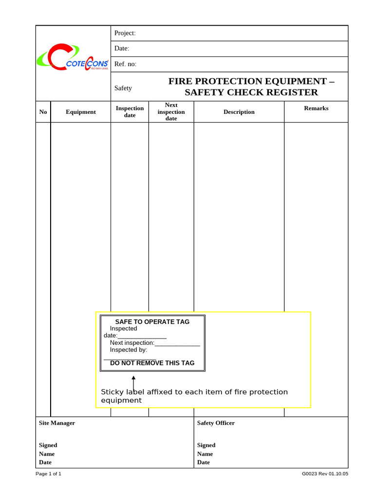 G0023 - Fire Protection Equipment - Safety Check Register | PDF
