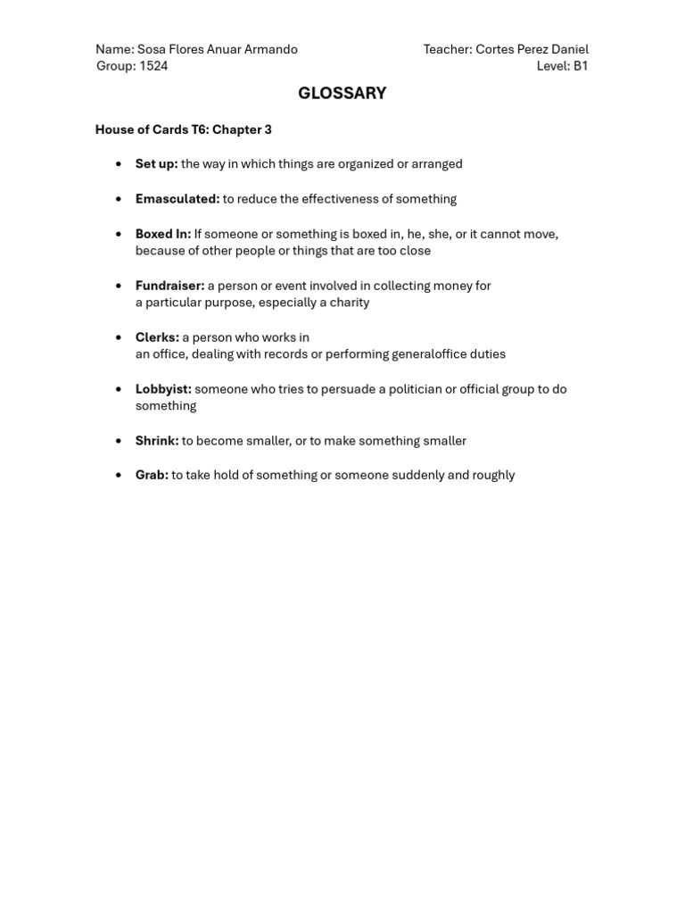 House of Cards Chapter 3 Glossary | PDF
