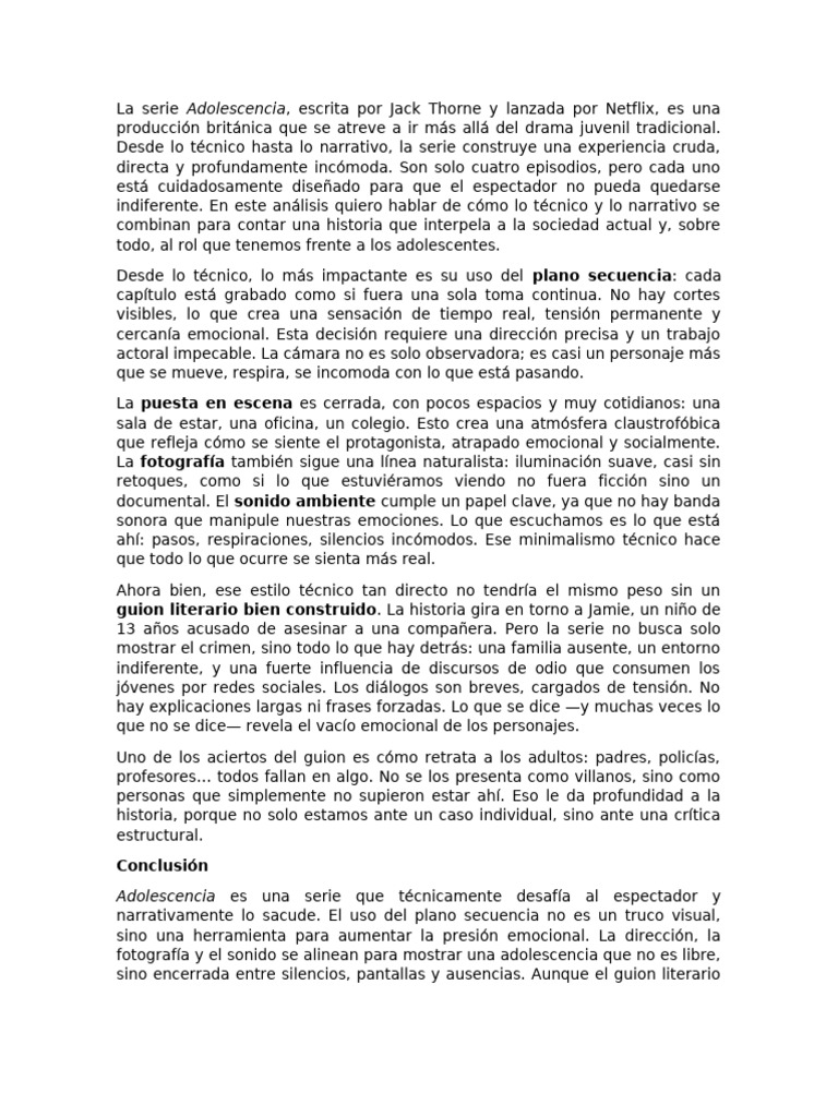 Análisis de la serie "Adolescencia" en Netflix | PDF