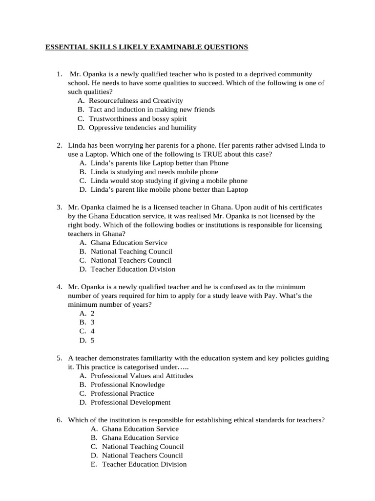 Essential Skills Exam Questions Guide | PDF | Teachers | Educational ...