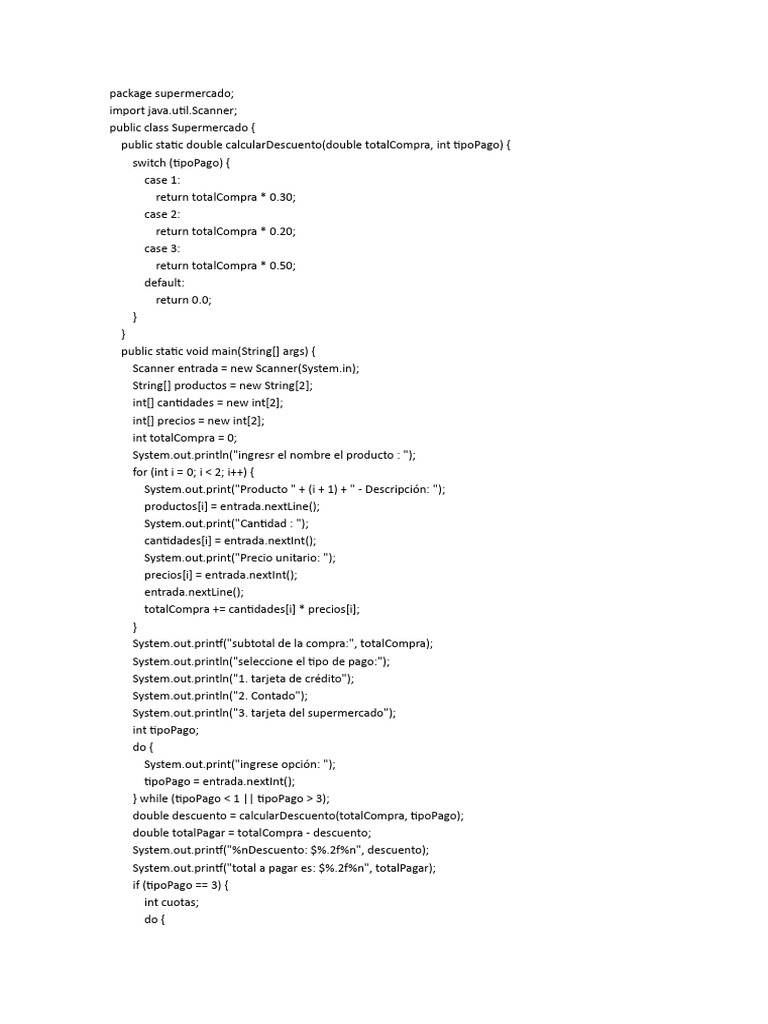 Descuentos y pagos en supermercado Java | PDF
