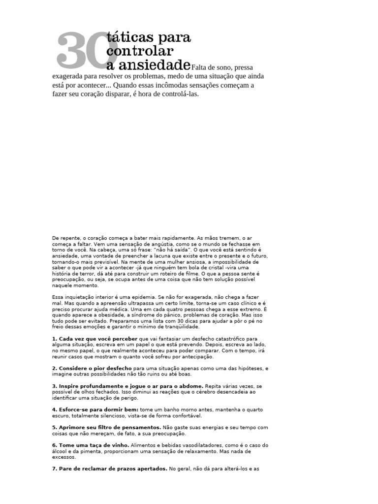 30 Dicas para Controlar a Ansiedade | PDF | Ansiedade | Psicologia