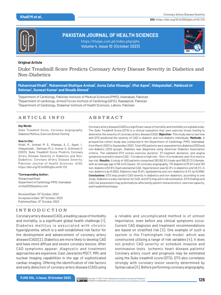 Duke Treadmill Score and CAD Severity | PDF | Coronary Artery Disease ...