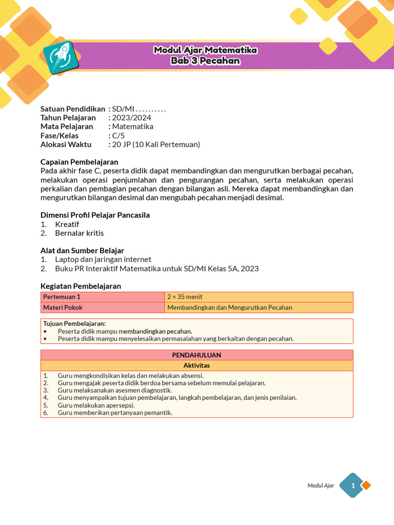 Modul Ajar Matematika Kelas 5 SD/MI | PDF