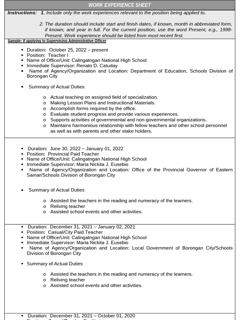 Work Experience Sheet for Teaching Roles | PDF | Teachers | Cognition