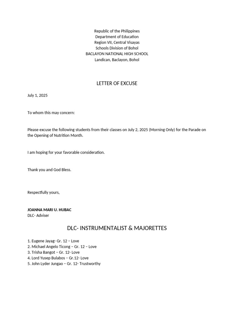 Excuse Letter for Nutrition Month Parade | PDF