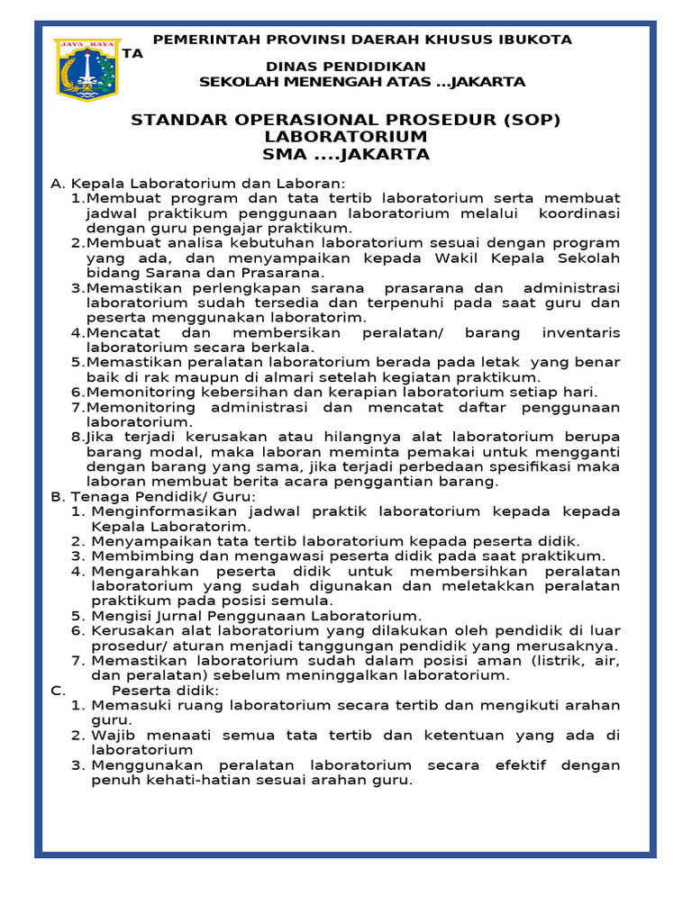 SOP Laboratorium SMA Jakarta | PDF