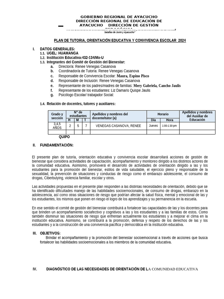 Plan de Tutoría y Convivencia Escolar 2024 | PDF | Escuelas | Enseñando