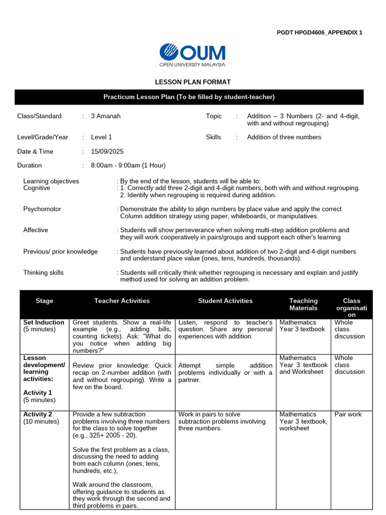 Math Year 3 Ori - Pgdtlesson Plan Format | PDF | Lesson Plan | Learning
