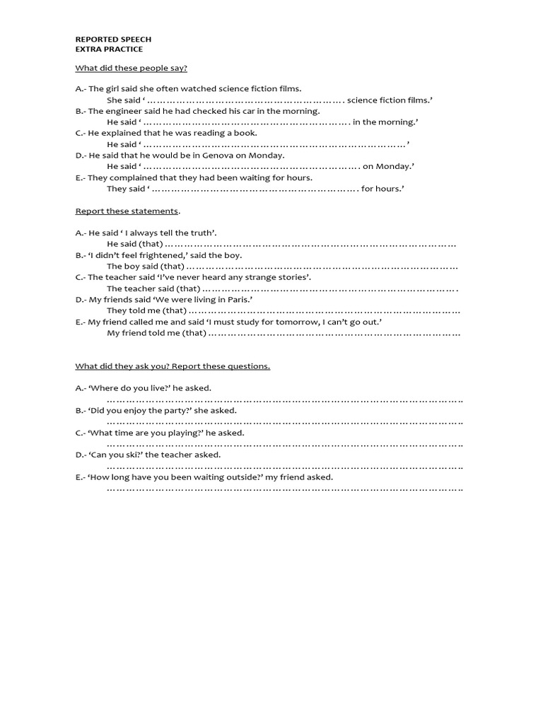 Reported Speech Practice Exercises | PDF