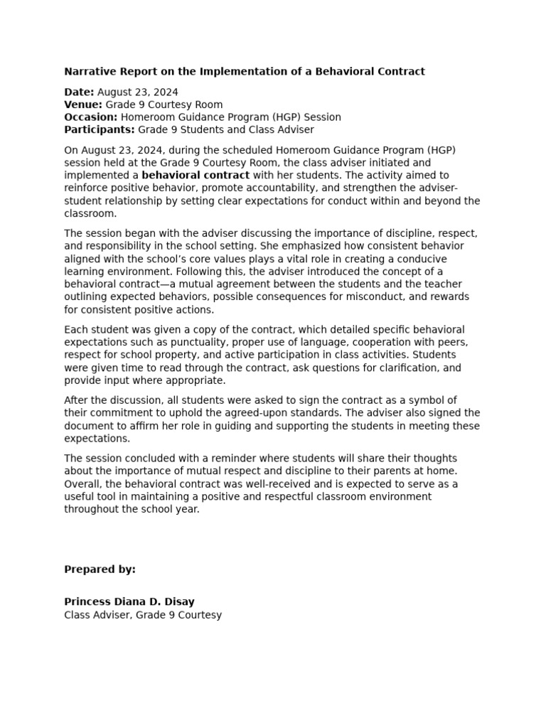 Narrative Report On The Implementation of A Behavioral Contract | PDF