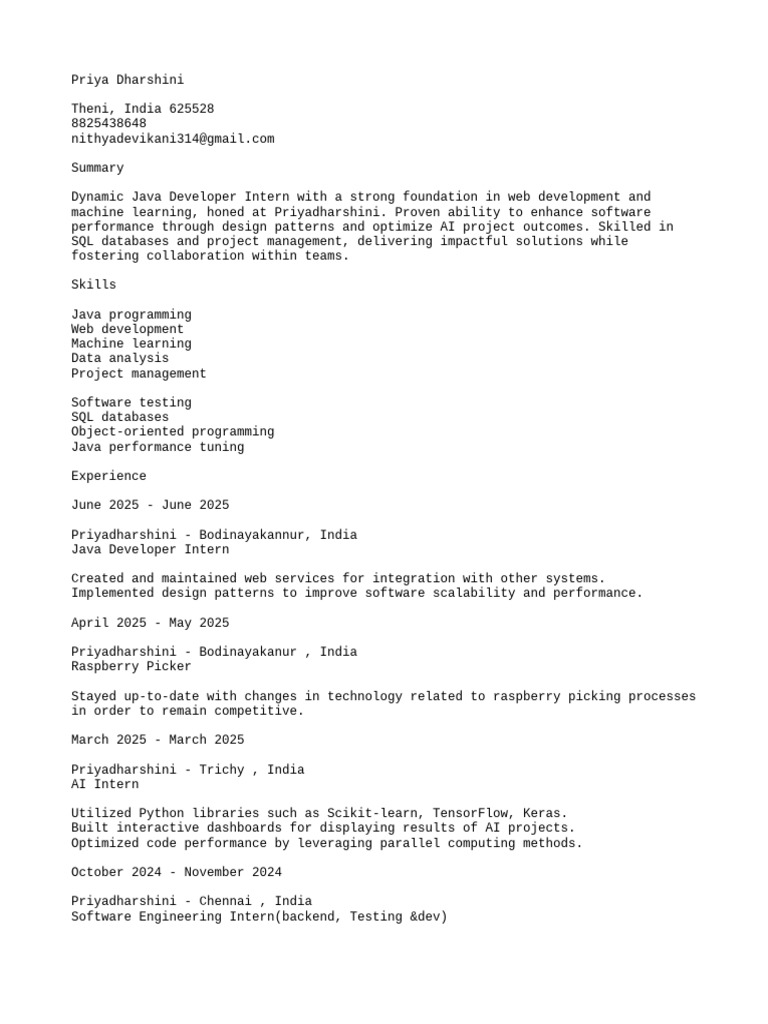 CopyofCopyofPriya Dharshini Resume | PDF | Web Development | Java ...