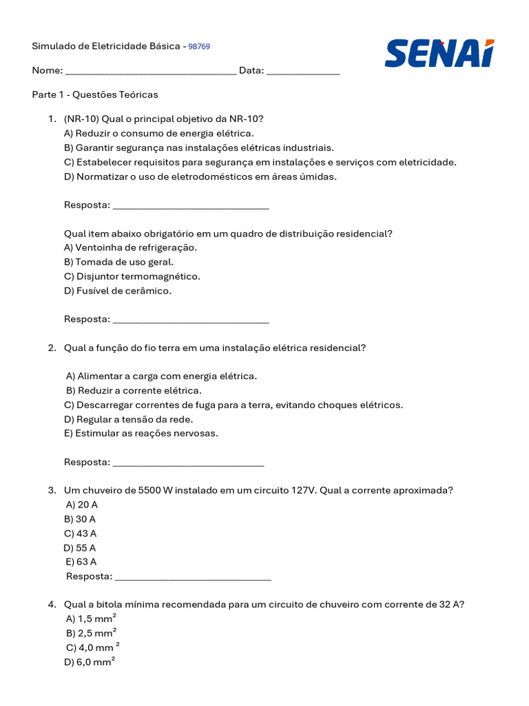 Simulado de Eletricidade Básica NR-10 | PDF | Rede elétrica | Chuveiro