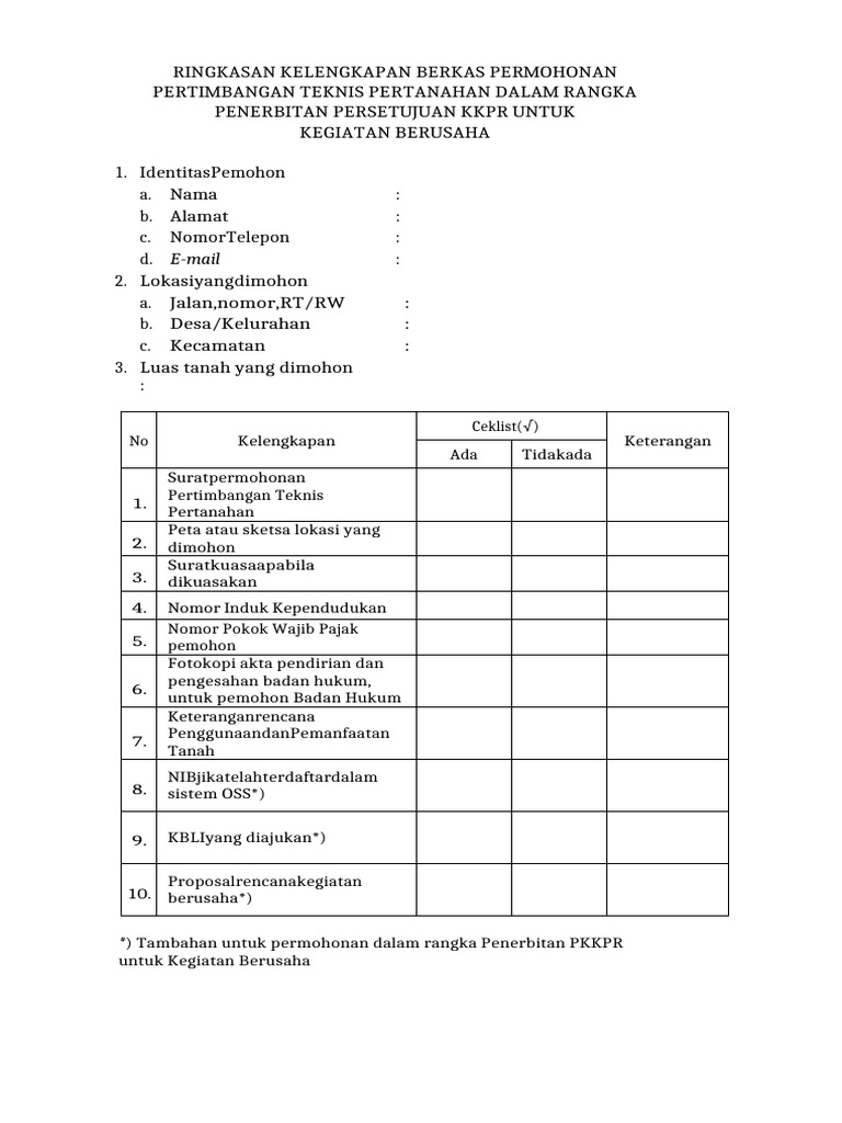 Form Kelengkapan Berkas Berusaha | PDF