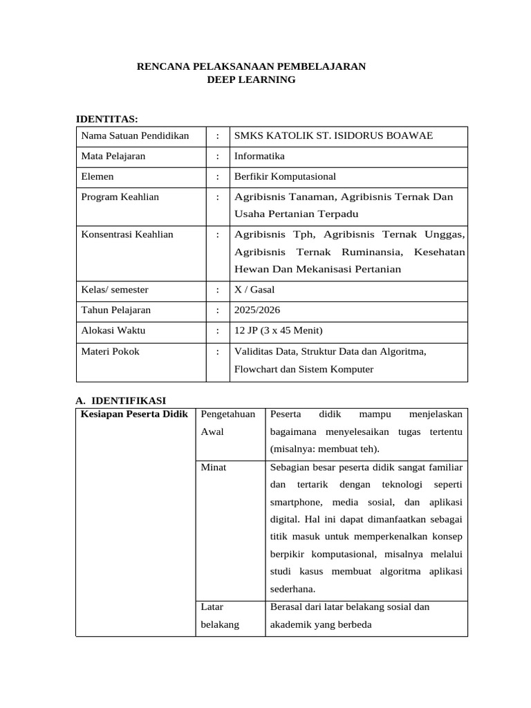 RPP Deep Learning untuk Informatika SMK | PDF
