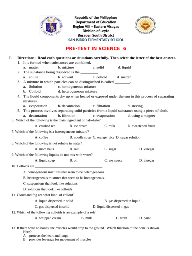 Science Pre-Test for Grade 6 Students | PDF | Mixture | Volcano
