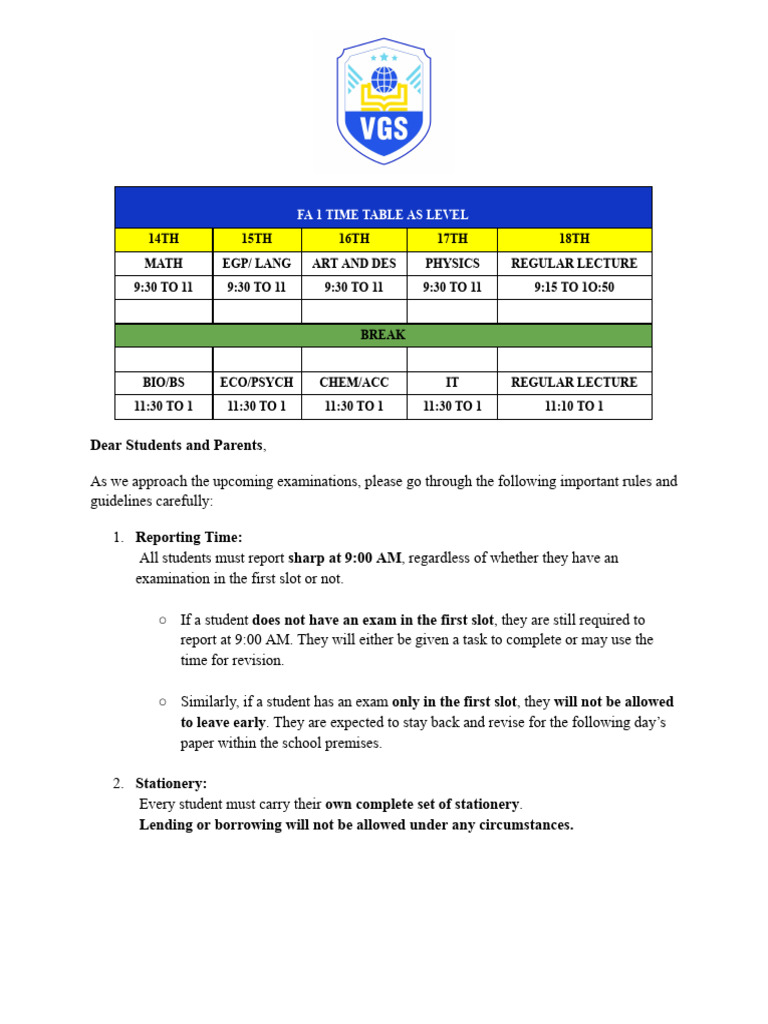 FA 1 Exam Schedule and Guidelines | PDF
