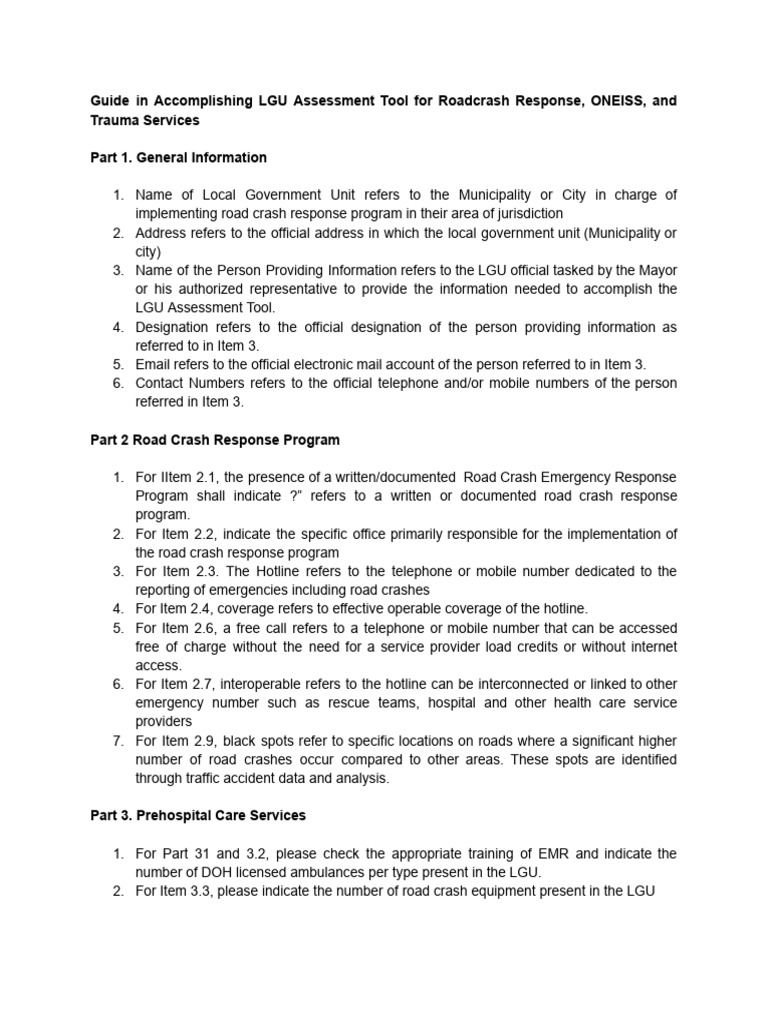 LGU Assessment Tool For Road Crash Response, OnEISS, and Trauma ...
