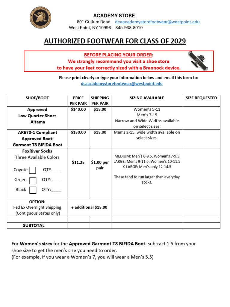 Class of 2029 Candidate Shoe Order Form | PDF | Receipt | Shoe