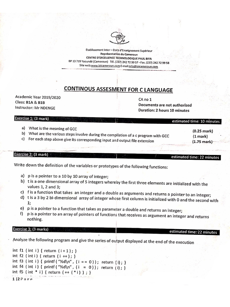 IAI Cameroun NIVEAU I Software Engineering C Language CC 1675963021606 ...