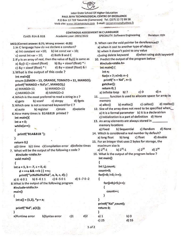 IAI Cameroun NIVEAU I Software Engineering C Language CC 1675963259565 ...