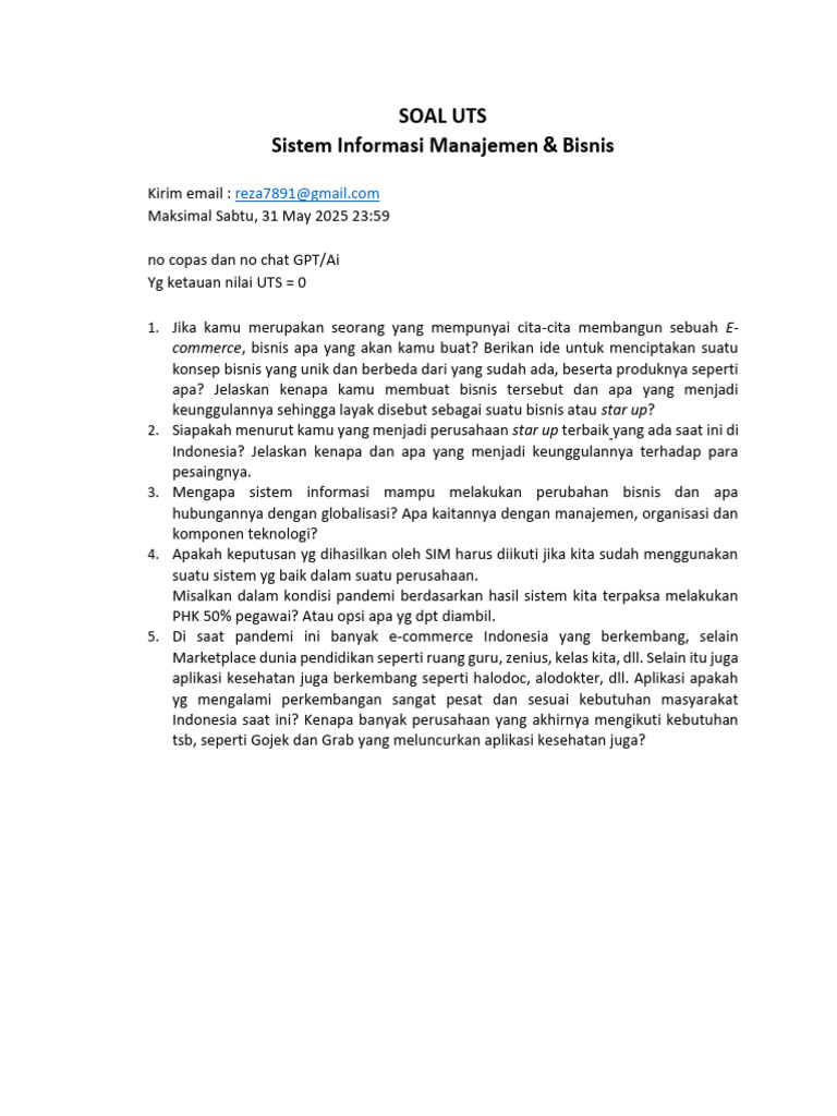 Soal UTS SIM & Bisnis 2025 | PDF