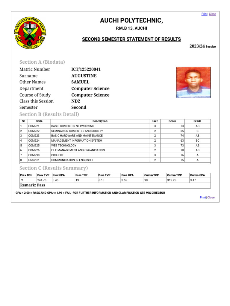Auchi Polytechnic Second Semester Results | PDF | Computing | Computer ...