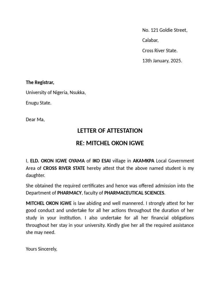 Attestation Letter for Mitchel Okon Igwe | PDF