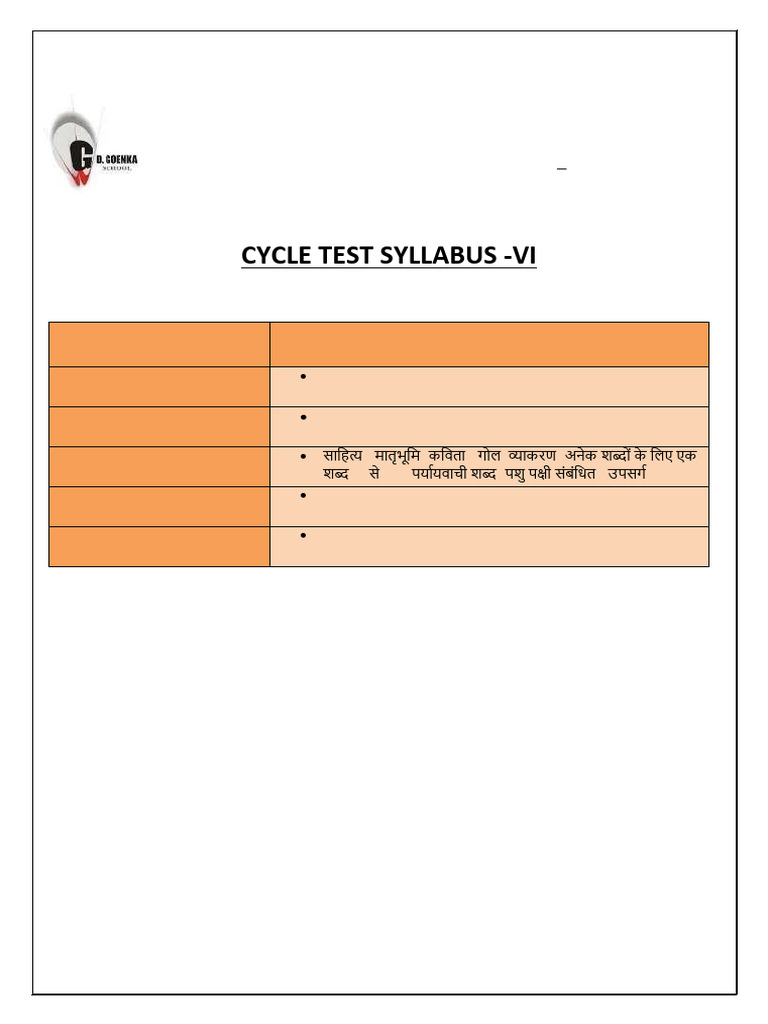 G.D. Goenka School VI Cycle Test Syllabus | PDF