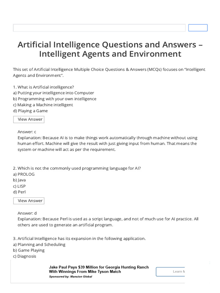 Intelligent Agents & Environment - AI Questions and Answers ...