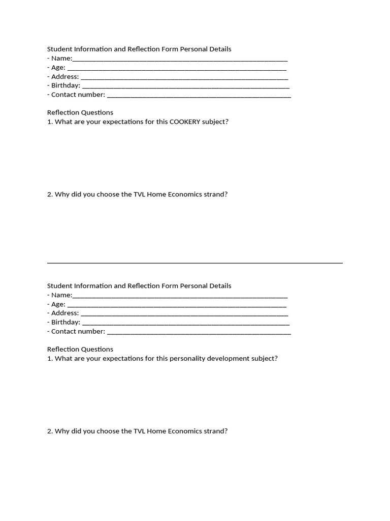 Student Information and Reflection Form | PDF