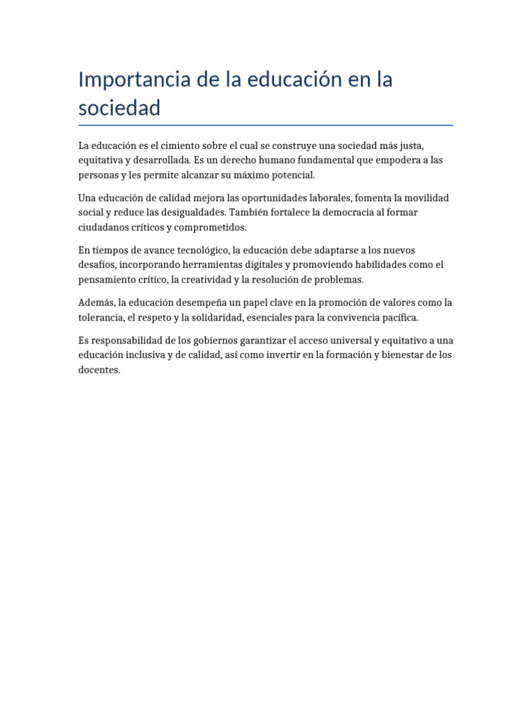 Importancia de la educación en la sociedad | PDF