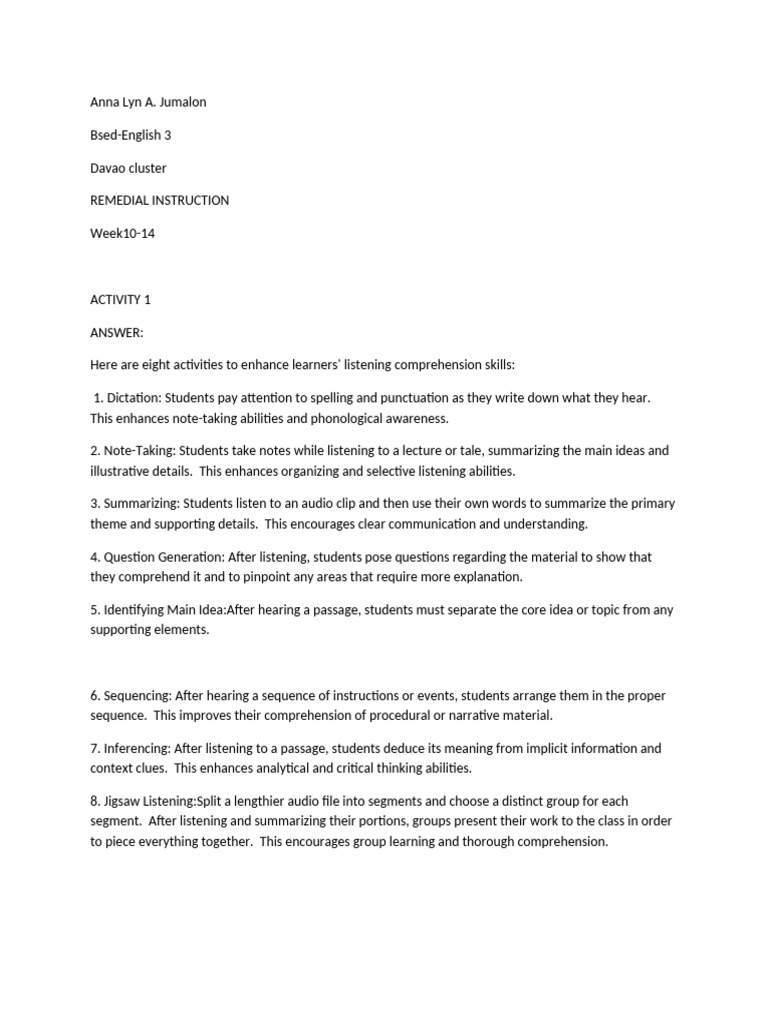 Enhancing Listening Skills Activities | PDF | Reading Comprehension ...