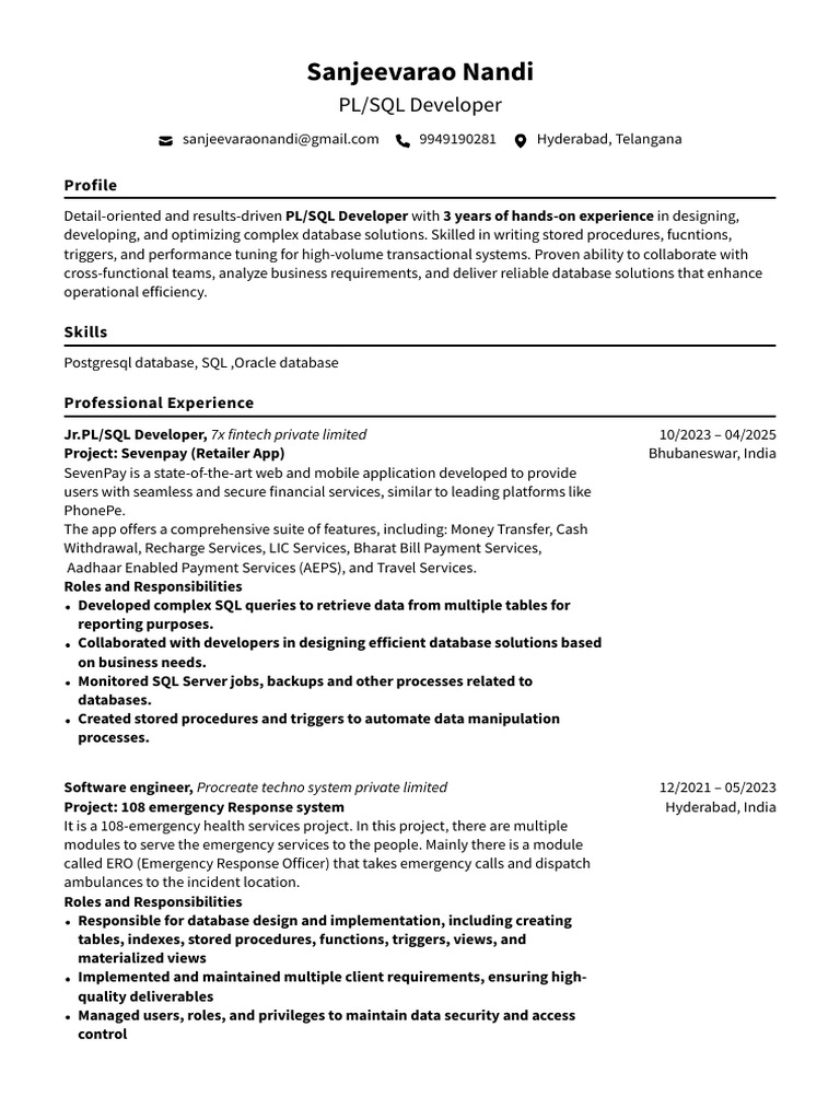 PL/SQL Developer Profile - Sanjeevarao Nandi | PDF | Databases | Pl/Sql