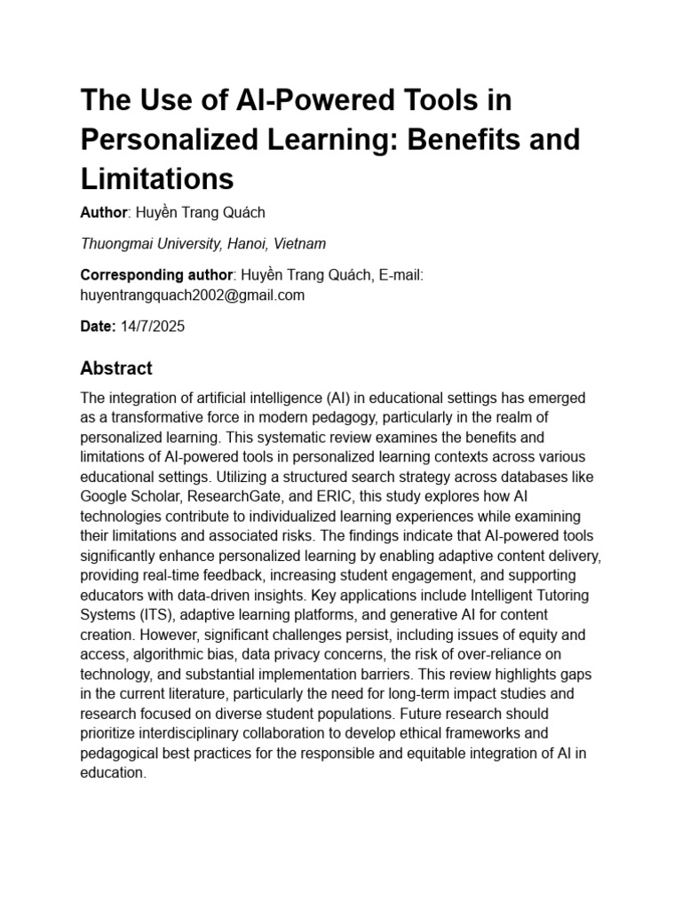 AI Tools in Personalized Learning: Pros & Cons | PDF | Artificial ...