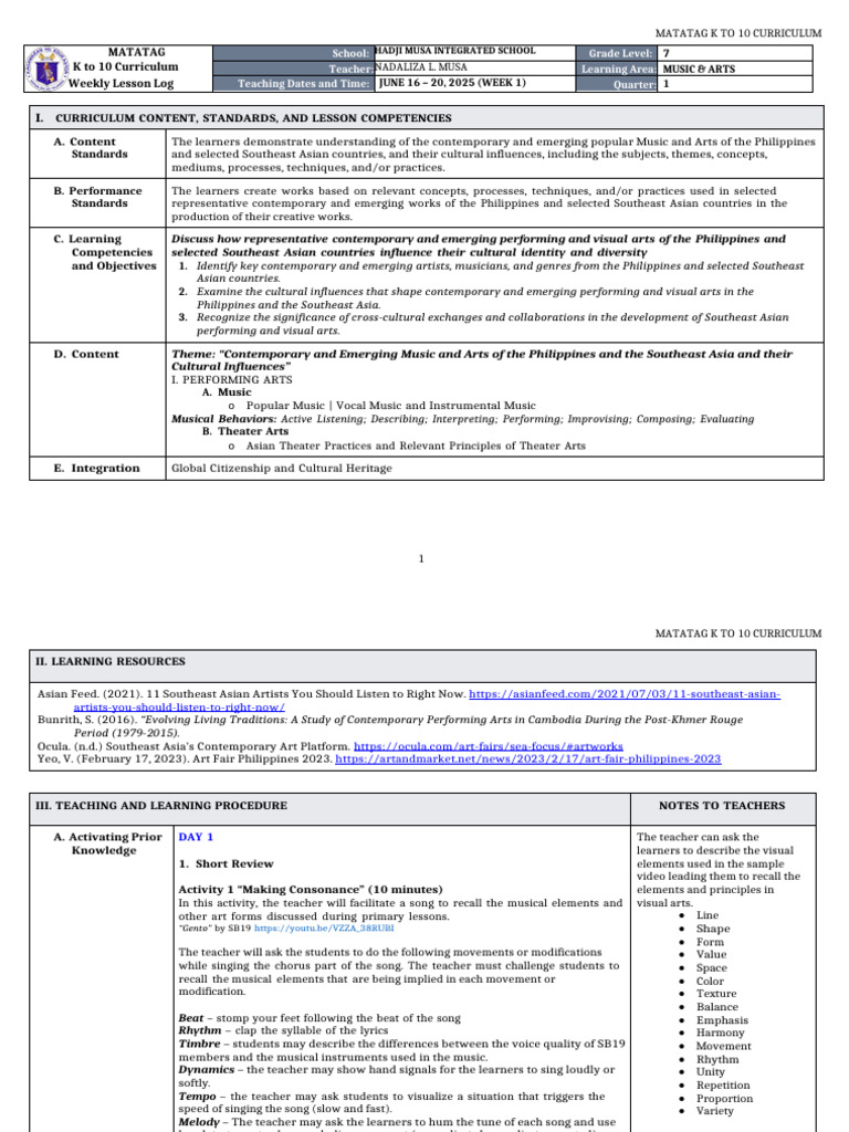 K to 10 Music & Arts Curriculum Guide | PDF | Image | Narrative