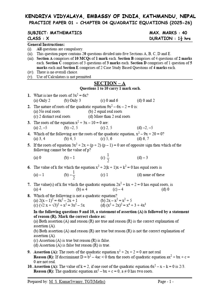 Class 10 Quadratic Equations Practice | PDF | Quadratic Equation ...