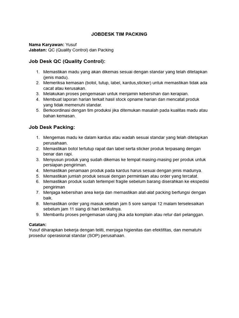Jobdesk Tim Packing Madu | PDF