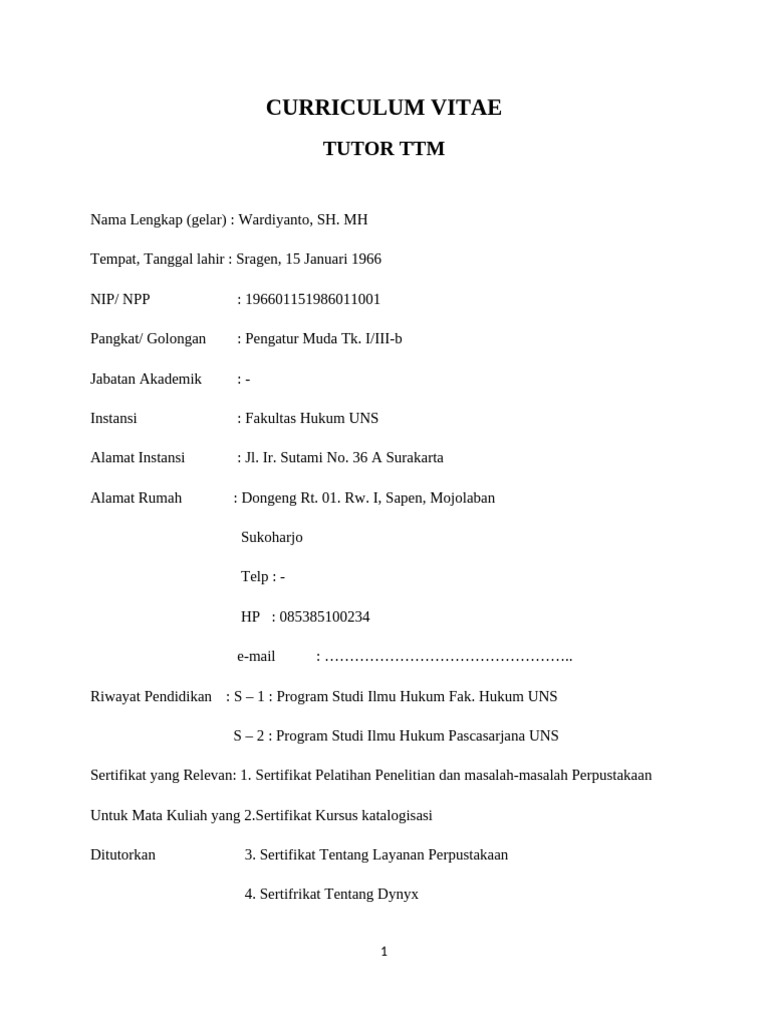 CV Wardiyanto, SH. MH - Pustakawan UNS | PDF