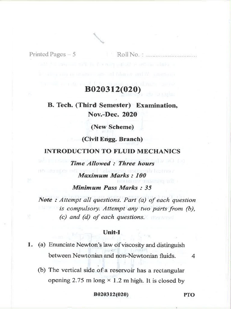 Fluid Mechanics 2020 3rd Sem | PDF