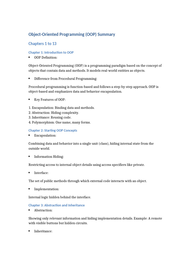 OOP Chapter 1 To 13 Detailed Summary | PDF | Inheritance (Object ...