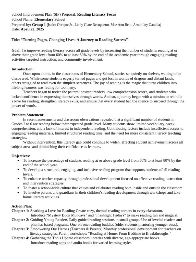School Improvement: Reading Literacy Plan | PDF | Reading Comprehension ...